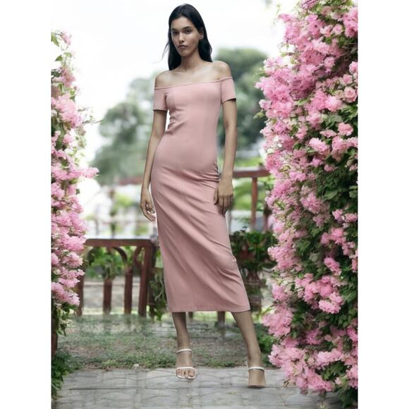 (60 Percent Off) NWT Zara Pale Pink Midi Off Shoulder Dress M MSRP 128 - Picture 1 of 8